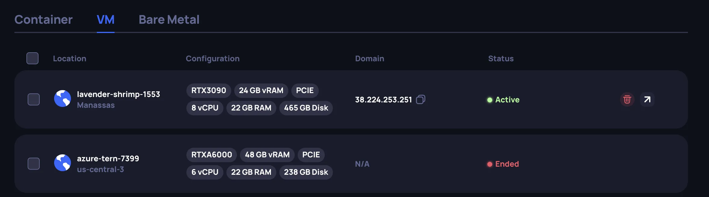 VM instances list